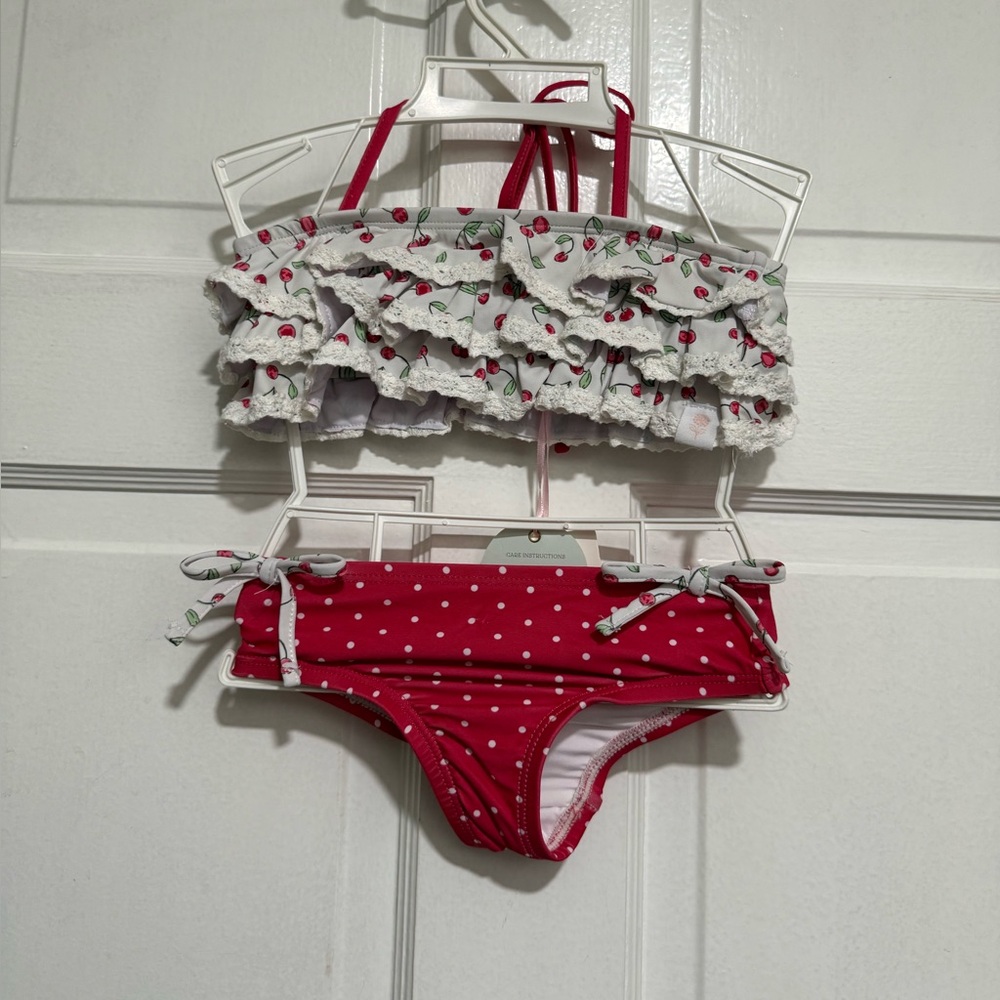 NWT 12 Month Sweet Honey Two Piece Swim Suit Girls Cheery Summer Polka Dot